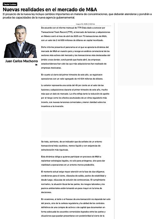 Nuevas realidades en el mercado de M&AEl proyecto de la nueva ley incluye cambios importantes en materia de concentraciones, que debern atenderse y pondrn a prueba las capacidades de la nueva agencia gubernamental.